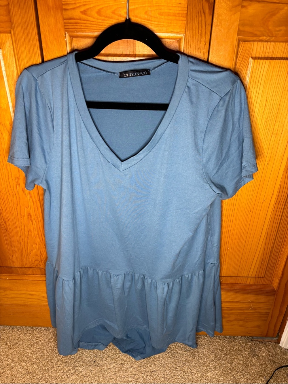 Blue V-Neck Short Sleeve Peplum Tunic - bluheaven